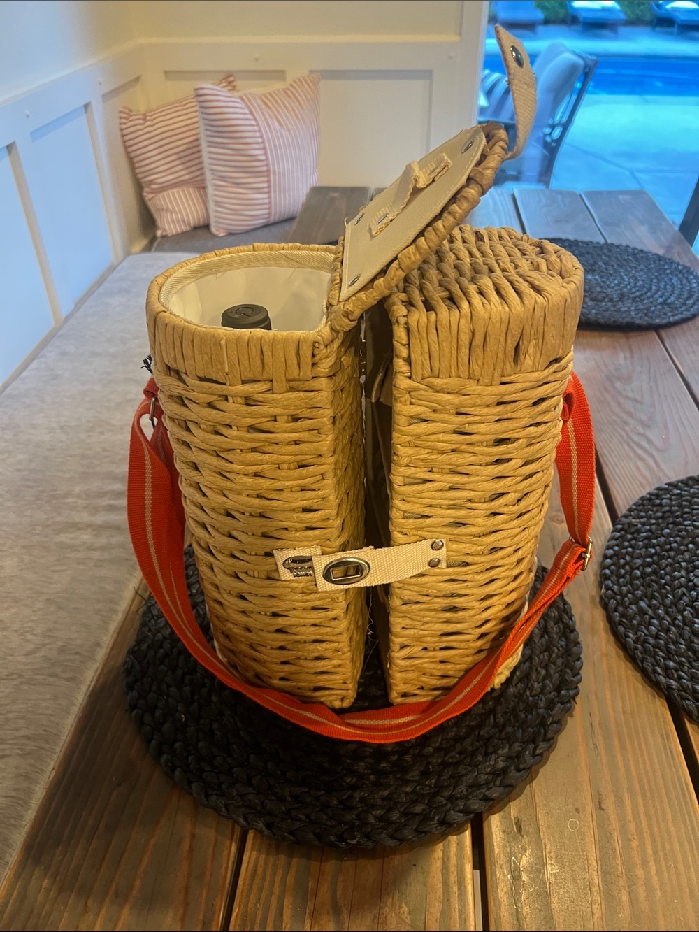 Target Woven Straw Double Bottle Carrier with Orange Strap